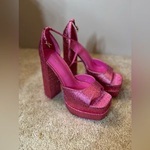 Pink Metallic Crinkle Double Sole Strap Platform Heels